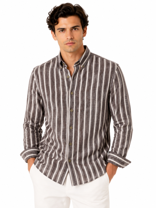 BROWN FINE STRIPED LINEN-COTTON SHIRT