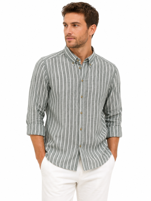 OLIVE FINE STRIPED LINEN-COTTON SHIRT