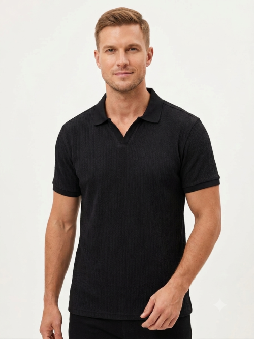 BLACK OPEN-COLLAR POLO