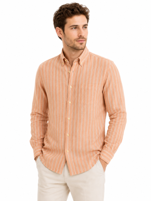 ORANGE DOUBLE STRIPED LINEN-COTTON SHIRT