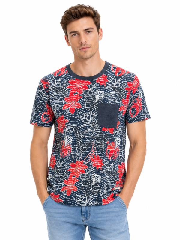 Jack & Jones red leaf print T-shirt with black chest pocket