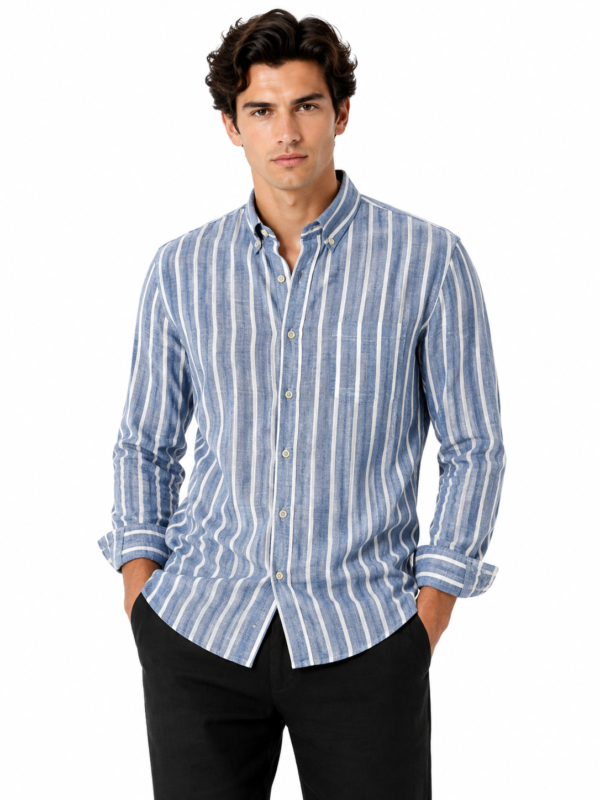 REHZ0062 BLUE FINE STRIPED LINEN-COTTON SHIRT