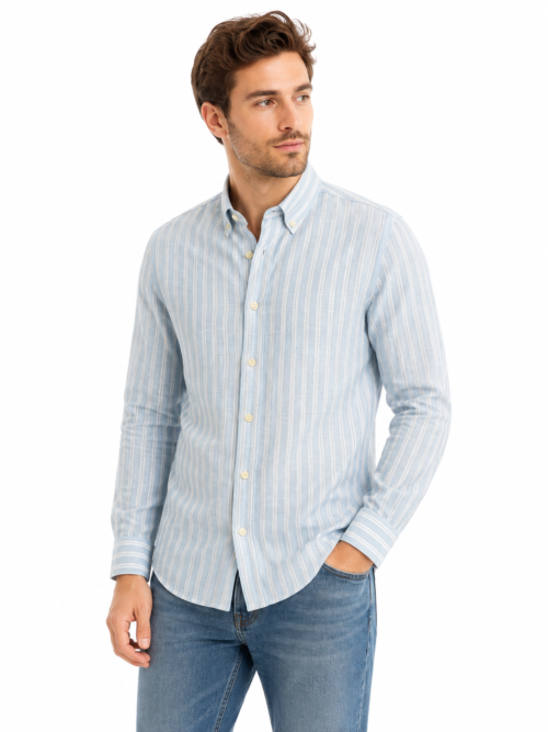 BABY BLUE DOUBLE STRIPED LINEN-COTTON SHIRT